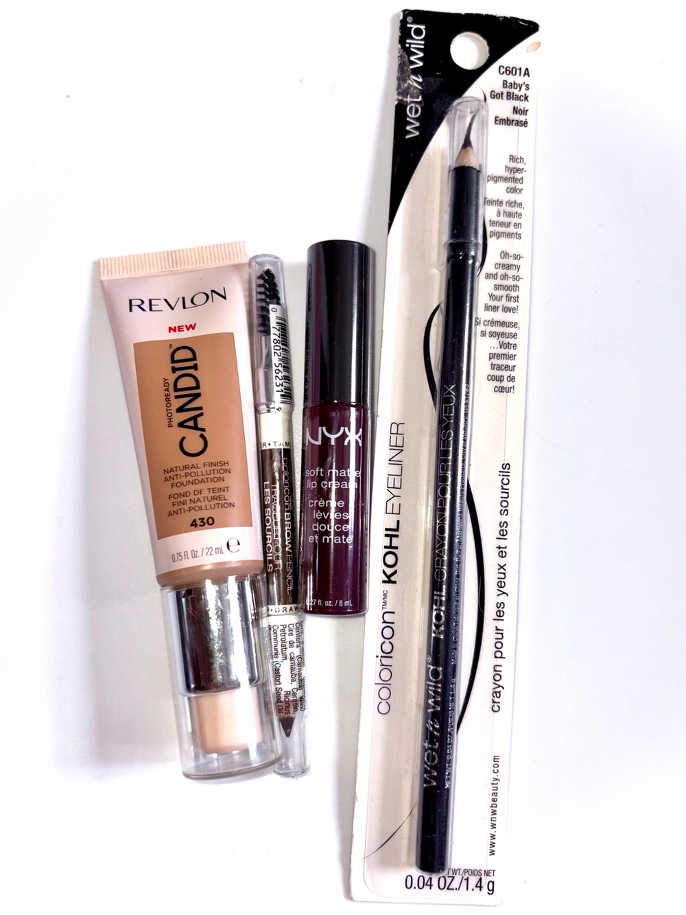4 PC Bundle: Revlon, NYX & Wet n’ Wild - Photoready Foundation Lip Eyeliner Brow